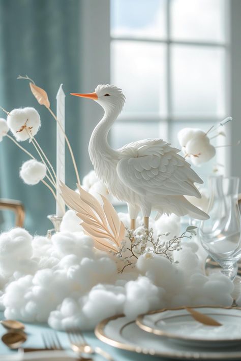 Stork Baby Shower Theme, Unique Centerpiece Ideas, Simple Baby Shower Centerpieces, Baby Shower Tablescapes, Baby Shower Centerpiece Ideas, Fancy Baby Shower, Diy Baby Shower Centerpieces, Luxury Baby Shower, Angel Baby Shower