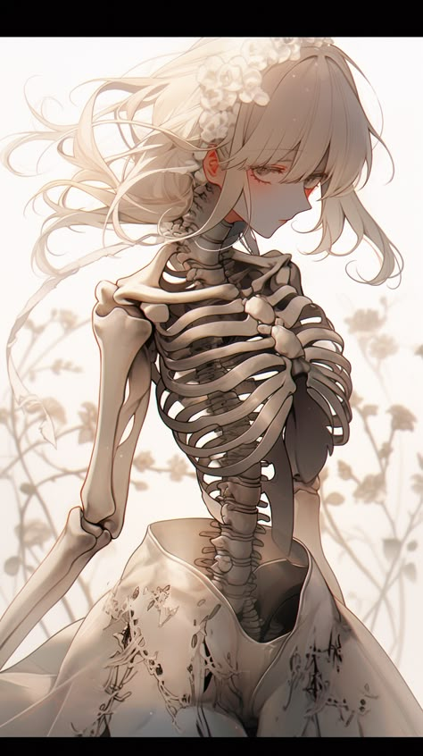 Skeleton Anime Art, Skeleton Character Design Concept Art, Female Ghost Character Design, Anime Goth Female Art, Female Skeleton Art, Female Ghost Art, Skeleton Side Profile, Grim Reaper Character Design, Skeleton Character Design