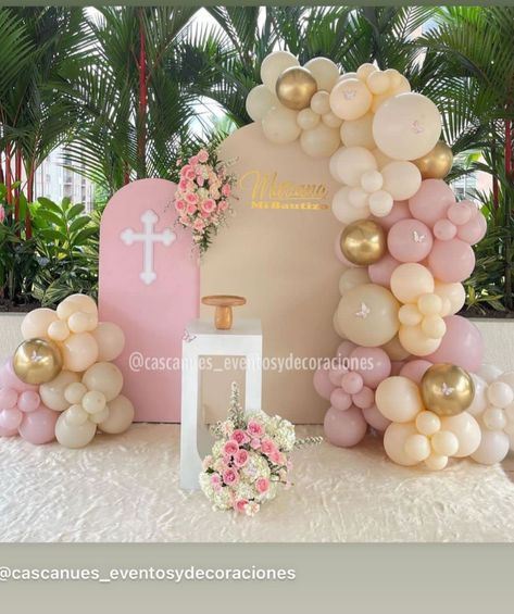 Cielito Lindo Theme Bautizo Girl, Baptism Theme Ideas Girl, First Communion Balloon Garland, First Comunion Decoracion Ideas, Baptism Party Ideas Girl, 1st Birthday And Baptism Ideas Girl, Baptism Backdrop Girl, Baptismal Decorations Girl, Girl Bautizo Ideas Decoration