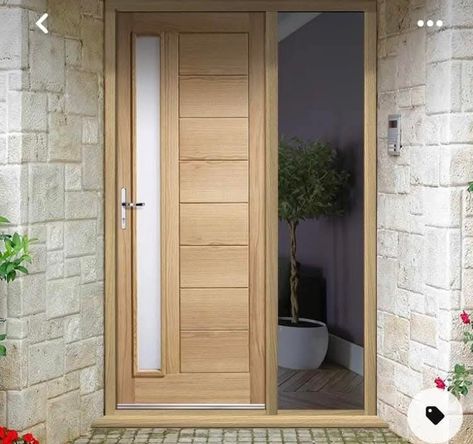 Oak Front Door With Side Panels, Uk Front Door, 1970 Bungalow, Front Exterior Doors, Modern Rustic Cottage, Interior Oak Doors, Oak Window Sill, Front Doors Uk, External Wooden Doors