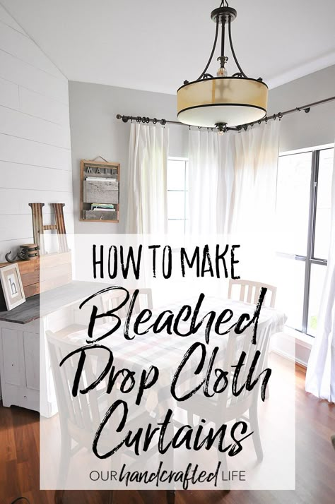 How to Make DIY No-Sew Bleached Drop Cloth Curtains without making your house smell like a pool. This method uses a bleach solution and a vinegar solution outside! You will finish bleaching your drop cloths in the washing machine for a gorgeous, soft, textured Farmhouse or cottage style look. It will instantly make your home decor light and bright. - Our Handcrafted Life Drop Cloth Projects, Farmhouse Style Curtains, Cloth Curtains, No Sew Curtains, Drop Cloth Curtains, Farmhouse Curtains, House Smell, Drop Cloth, Diy Curtains