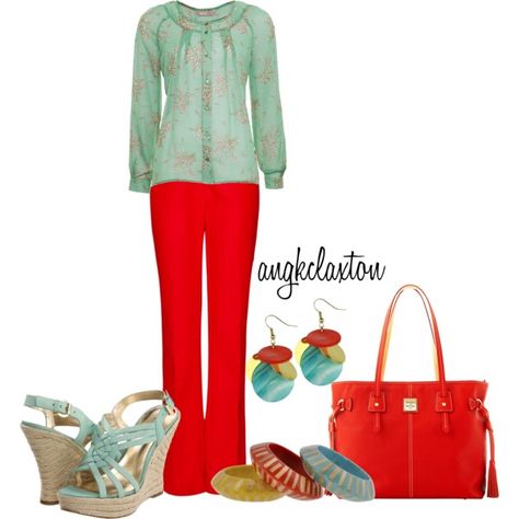 Mint and Red - Polyvore Red Outfit Color Combinations, Outfit Color Combinations, Red Pants, Red Outfit, Work Clothes, Dream Wardrobe, Passion For Fashion, Color Combinations, Work Outfit