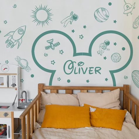 Mickey Toddler Large Headboard Wall Decal Space Sticker Stars - Etsy Australia Mickey Mouse Toddler Room, Mickey Mouse Bedroom Toddler, Disney Wall Baby Room, Mickey Mouse Nursery Target, Mickey Mouse Wall Decals, Headboard Wall Decal, Large Headboard, Playroom Bedroom, Headboard Wall