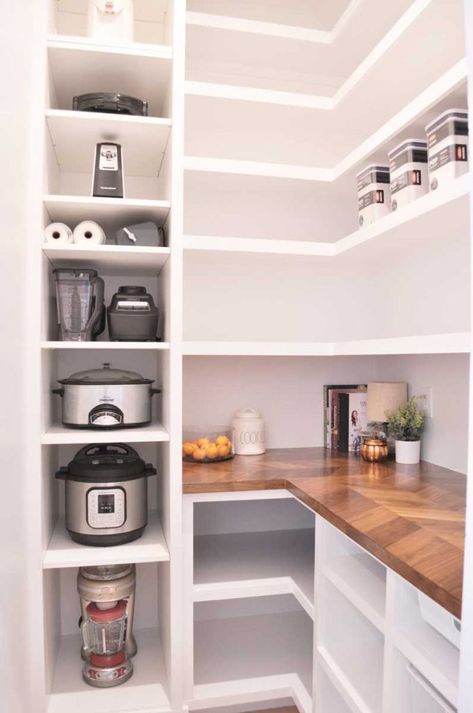 32 Pantry Organization Ideas for Ultimate Kitchen Harmony - placeideal.com Smaller Pantry Ideas, Turn Pantry Into Butler Pantry, L Shaped Walk In Pantry Ideas Layout, L Shape Pantry Cabinet, Small Walk In Corner Pantry, Pantry And Bar Combo, Rectangle Pantry Ideas, Corner Pantry Dimensions Walk In, Corner Pantry Design Ideas