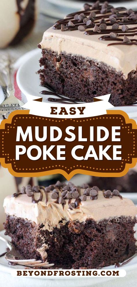 Mudslide Poke Cake, poke cake, chocolate desserts, simple sweet treats, baking recipes Mudslide Cake Recipe, Best Box Cake, Recipes For Parties, Boozy Chocolate, Cake Mix Desserts, Mudslide, Boozy Desserts, Poke Cake Recipes, Poke Cakes