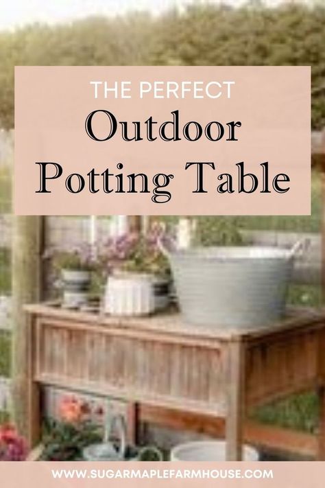 Do you want a place to put your dirt? Hooks for tools? Do you want a place for pots or a place to dry herbs? Do you need to have room for water or will a space for a watering can work? You need a DIY potting bench or outdoor potting table. DIY potting bench plans for the perfect pretty outdoor potting table to make your gardening a breeze. Read how we transformed this potting bench into a beautiful and functional potting bench space. #gardeningtips Planting Station Potting Tables, Potting Tables Diy, Potting Table Ideas, Outdoor Potting Table, Diy Potting Table, Potting Bench With Sink, Diy Potting Bench, Potting Bench Plans, Potting Benches