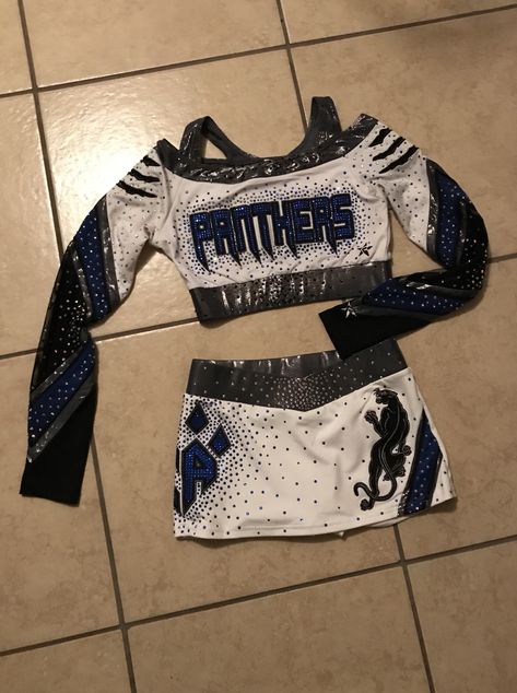 Cheer Athletics Panthers Uniform Varsity Cheer Uniforms, Gymnastics Uniforms, All Star Cheer Uniforms, Cheer Practice Outfits, Cheer Costumes, Cheer Tops, Cheer Photography, Cheerleading Competition, Dance Uniforms