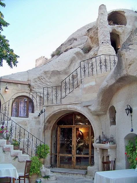 Gamirasu Cave Hotel built into volcanic rock, Cappadocia, Turkey.  Photo: JRaptor, via Flickr Cave Hotel, Stone Steps, Cappadocia Turkey, Hotel Building, Volcanic Rock, Turkey Travel, Beautiful Buildings, Macedonia, Amazing Architecture