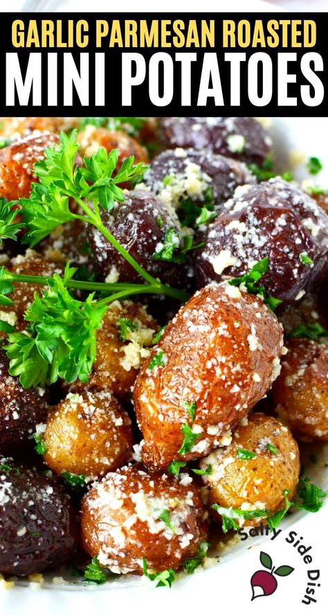 Garlic Parm Mini Potatoes, Creamery Potatoes Recipes, Small Whole Potatoes Recipes, Dinner Ideas With Small Potatoes, Multi Colored Potato Recipes, Mixed Potato Recipes, Loaded Mini Potatoes, Healthy Mini Potato Recipes, Small Potato Side Dishes