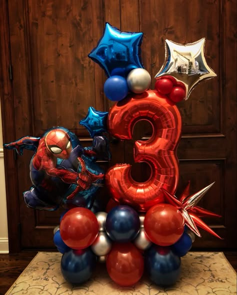 Man Balloon Bouquet, Balloon Bouquet Ideas, Balloon Stack, Spider Man Theme, Superhero Birthday Party Decorations, Spiderman Balloon, Spiderman Theme Party, Spiderman Birthday Party Decorations, Spiderman Birthday Cake