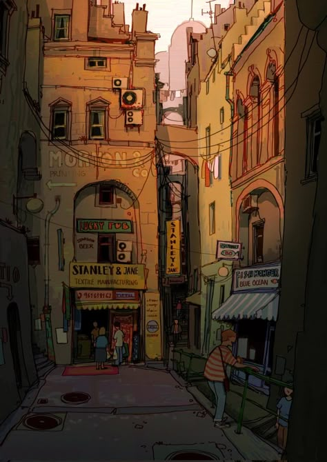 Bg Design, Great Backgrounds, City Street, Environment Concept Art, Illustration Artists, Environmental Art, Art Plastique, Pretty Art, Cartoon Art