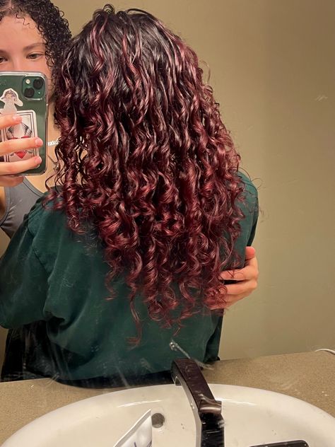 Curly Hair With Red Underneath, Curly Hair Colors Ideas Highlights, Red Hair With Highlights Curly, Red Highlights On Dark Curly Hair, Curly Red Hair Dyed Highlights, Red Hair Color On Curly Hair, Brown Hair With Red Highlights Curly, Curly Hair With Red Tips, Red Curly Highlights