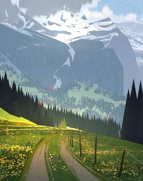 Mountain And Flowers, Storybook Design, Henry Wong, Landscape Concept, Landscape Illustration, Environment Design, Environment Concept Art, Environmental Art, Fantasy Landscape