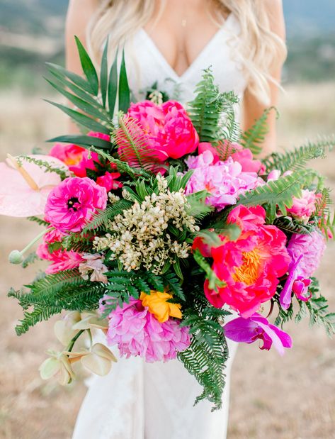 Taco 'Bout a Good Time: A Colorful Cinco de Mayo Wedding at Brookview Ranch - Green Wedding Shoes Hot Pink Bridal Bouquet, Magenta Wedding Decorations, Jumping Out Of A Plane, Epic Proposal, Pink Bridal Bouquet, Tropical Wedding Bouquets, Magenta Wedding, Taco Time, Hot Pink Weddings