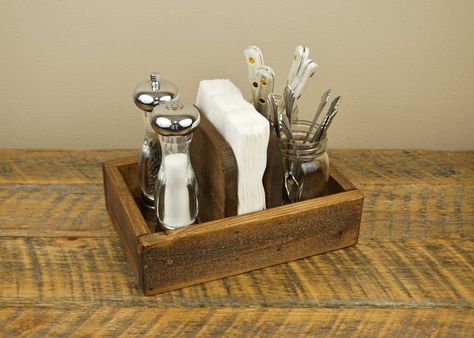 Rustic Napkin Holders, Board Crafts, Rustic Cafe, Rustic Napkins, Condiment Caddy, Rustic Restaurant, Rustic Fireplaces, Kitchen Utensil Holder, Burger Bar