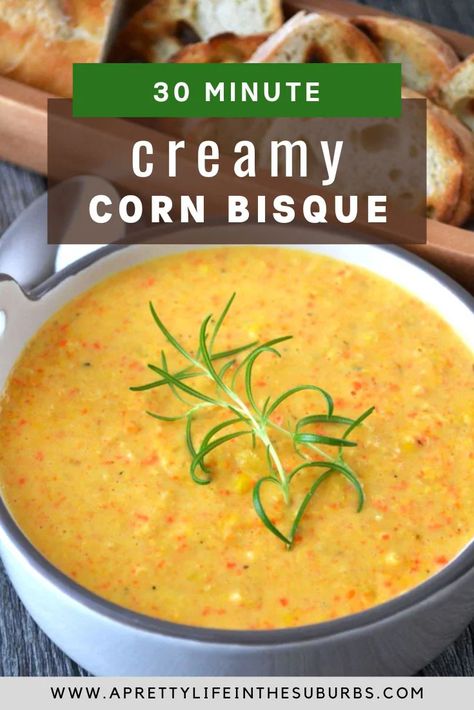 Creamy Corn Bisque Corn Bisque Soup, Cream Of Corn Soup, Great Vegetarian Meals, Corn Bisque, Corn Chowder Soup, Bisque Soup Recipes, Bisque Soup, Recipe Paper, Simple Pantry