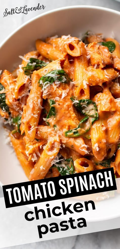 Easy Weeknight Dinners Pasta, Easy Dinner For One Healthy, Tomato Spinach Chicken Spaghetti, Pasta Spinach Chicken, Shredded Chicken And Spinach Recipes, Easy Dinner Recipes With Vegetables, Healthy Rotini Pasta Recipes, College Dinner Ideas Healthy, Recipes With Roma Tomatoes