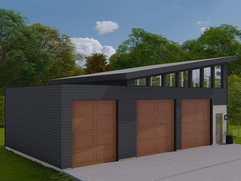 Mid Century Garage Addition, Three Car Garage Addition, Modern 3 Car Garage, 3 Door Garage, Modern Detached Garage, Modern Storage Shed, 3 Car Garage Plans, Garage Plans Detached, Modern Garage Doors