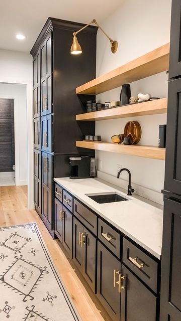 Pantry With Black Cabinets, Pantry With Black Shelves, Tricorn Black Kitchen Cabinets, Cabinet Additions, Black And White Pantry, Sw Tricorn Black, Black Pantry, Tray Ceiling Ideas, Tricorn Black