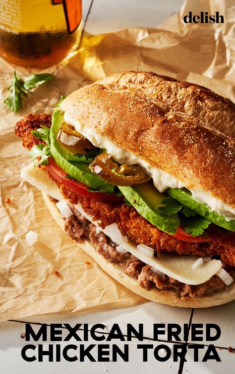 These Mexican Tortas With Crispy Breaded Chicken Will Be Gone In SecondsDelish Mexican Chicken Sandwich, Tortas Mexicanas Recipe, Mexican Tortas Recipe, Chicken Tortas, Mexican Sandwiches, Mexican Torta, Mexican Tortas, Mexican Fries, Crispy Breaded Chicken