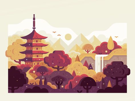 Japan waterfall sunrise trees forest pagoda temple japan landscape illustration Japan Landscape Illustration, Pagoda Illustration, Alex Pasquarella, Japan Waterfall, Temple Illustration, Pagoda Temple, Japan Illustration, Japan Landscape, Flat Design Illustration