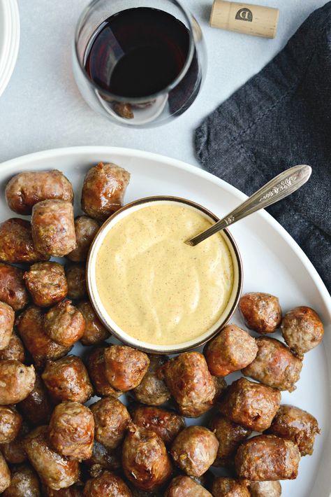 Chardonnay Italian Sausage Bites l SimplyScratch.com (12) Italian Sausage Bites, Sausage Bites, Sausage Appetizers, Super Bowl Menu, Mustard Dip, Bites Recipes, Spicy Mustard, Bowl Party Food, Party Sandwiches