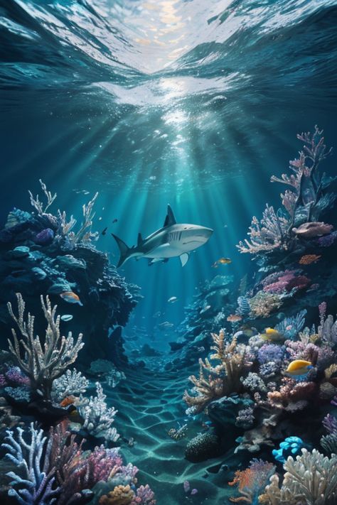 Under Water Coral Reef, Shark In Coral Reef, Underwater City Painting, Under Water Photography Ocean, Ocean Coral Drawing, Coral Reefs Drawing, Under The Ocean Painting, Aesthetic Coral Reef, Coral Reef Aesthetic