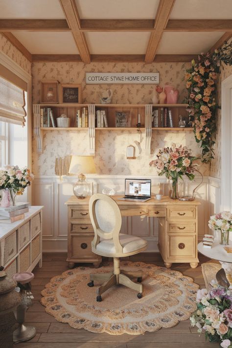 Fill your cottagecore home office with nature-inspired accessories like dried flowers, potted herbs, and botanical prints. 🌿✨ Add a touch of the princess aesthetic with lace curtains or delicate fairy lights. 🌸🌿 Display your favorite vintage finds or thrifted treasures for a unique touch 🧺✨ This combination creates a whimsical atmosphere that’s perfect for a creative and relaxing space. #cottagecoreaesthetic #thriftingideas #dreamcottage #decorationinspiration #vintagevibes #homeofficedesign Girly Cottagecore House, Cottagecore Aesthetic Office, Cottagecore Organization, Whimsical Home Aesthetic, Cottagecore Home Office, Cottagecore Desk Setup, Cottagecore Home Interior, Cottagecore Study, Aesthetic Study Room