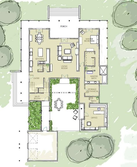 Choose from many architectural styles and sizes of home plans with a courtyard at House Plans and More, you are sure to find the perfect… Mexican Hacienda Floor Plans, Hacienda House Plans, Medium Farmhouse, Hacienda Floor Plans, Mexican Style House, Interior Courtyard, Atrium House, Hacienda Style Homes, Mexican Hacienda