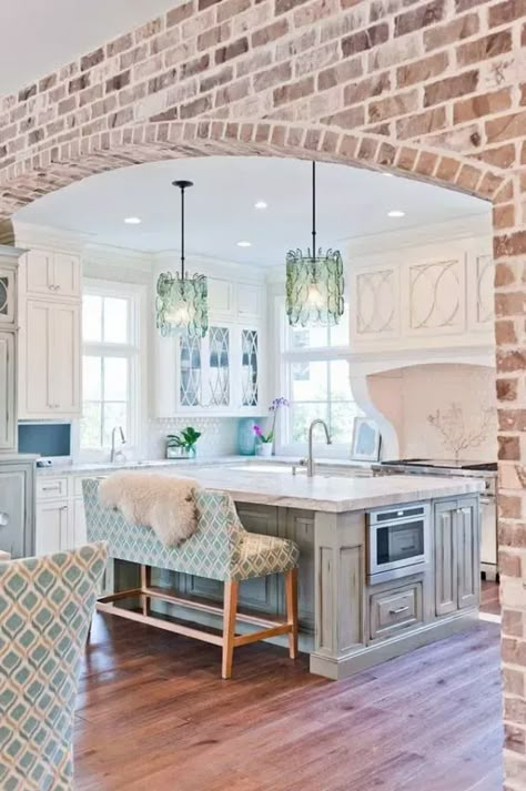 Exposed Brick Archway Over Kitchen | The DIY Life Brick Archway, Open Kitchen And Living Room, Brick Interior, Brick Kitchen, American Kitchen, Cute Dorm Rooms, Classic Kitchen, Farmhouse Style Kitchen, Kew Gardens