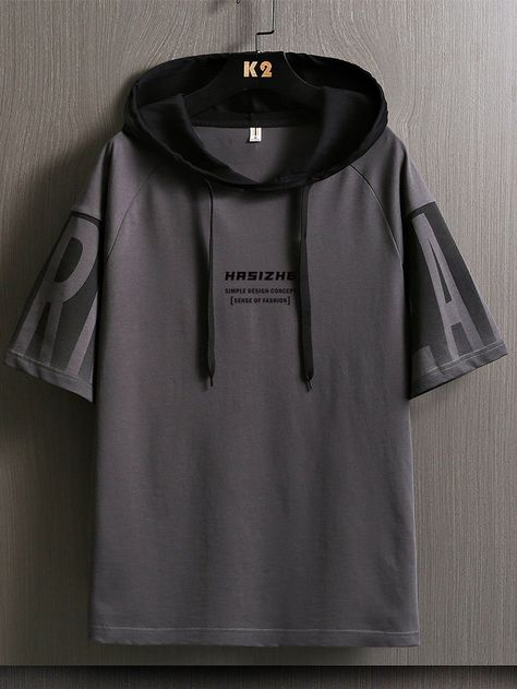 Dark Grey Casual Collar Short Sleeve Polyester Letter Embellished Slight Stretch Men Tops Hoodie Short Sleeve, Stylish Men Wear, Men's Shirts And Tops, Streetwear Jackets, Men Closet, Stylish Hoodies, Hooded Tee, Mens Casual Dress Outfits, Men Stylish Dress