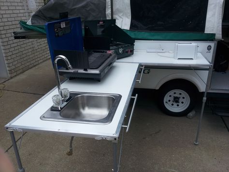 replacement bathroom units for a pop up camper | DIY Outdoor Galley and Camp Kitchen for a Popup Camper Outdoor Kitchen Sink, Outdoor Camping Kitchen, Comfortable Camping, Camping Kitchen, Camper Storage, Camping Kit, Tent Trailer, Popup Camper, Camper Makeover