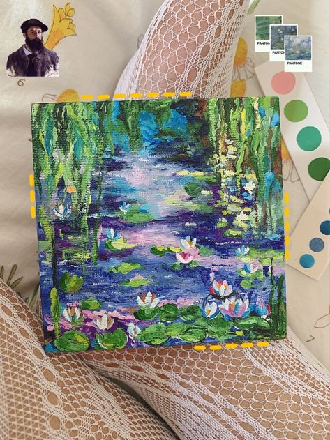 Artist With Painting, 8 By 8 Canvas Painting, Mini Canvas Oil Painting Ideas, Easy Monet Paintings, Paintings On Mini Canvas, Guache Paintings Ideas, Painting Ideas Small Canvas, Mini Paintings Aesthetic, Lilypad Painting