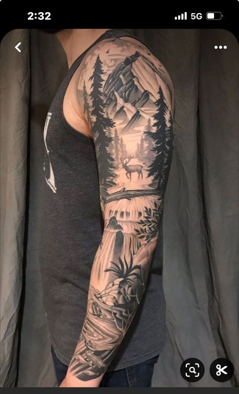 Mountain Sleeve Tattoo, Mens Full Sleeve Tattoo, Natur Tattoo Arm, Outdoor Tattoo, Nature Tattoo Sleeve, Theme Tattoo, Full Sleeve Tattoos, Full Sleeve Tattoo, Arm Sleeve Tattoos