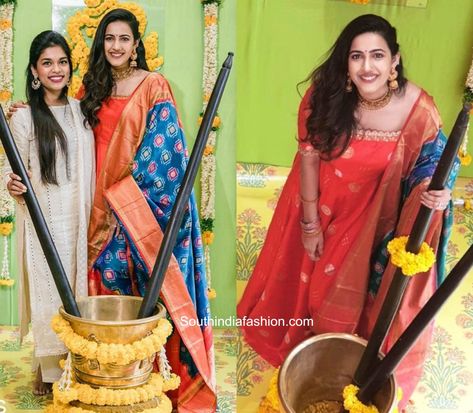 Ikkat Dupatta With Dress, Niharika Konidela Marriage Pics, Pasupu Danchadam Decoration, Niharika Konidela, Leaf Decor Wedding, Indian Bride Makeup, Indian Wedding Poses, Indian Wedding Bride, Mehendi Outfits