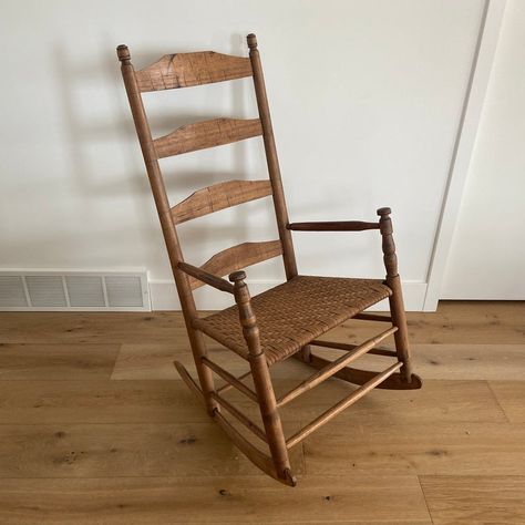 Gorgeous handmade turned wood rocking chair with woven reed seat. All measurements are taken when chair is standing still with chair at it's natural pitch leaning back. Wood Rocking Chair, Chic Farmhouse, Turned Wood, Rocking Chairs, Wood Turning, Rocking Chair, Wood