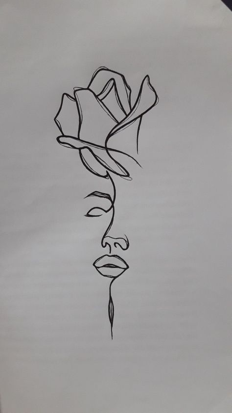 by: Xh.C #facerose One Line Tattoo Woman Silhouette With Flowers, Siluette Tattoo, Drawing Ideas Creative, رسم كاريكاتير, 100k Followers, Pencil Sketch Images, Small Pretty Tattoos, Easy Love Drawings, Tattoos For Black Skin