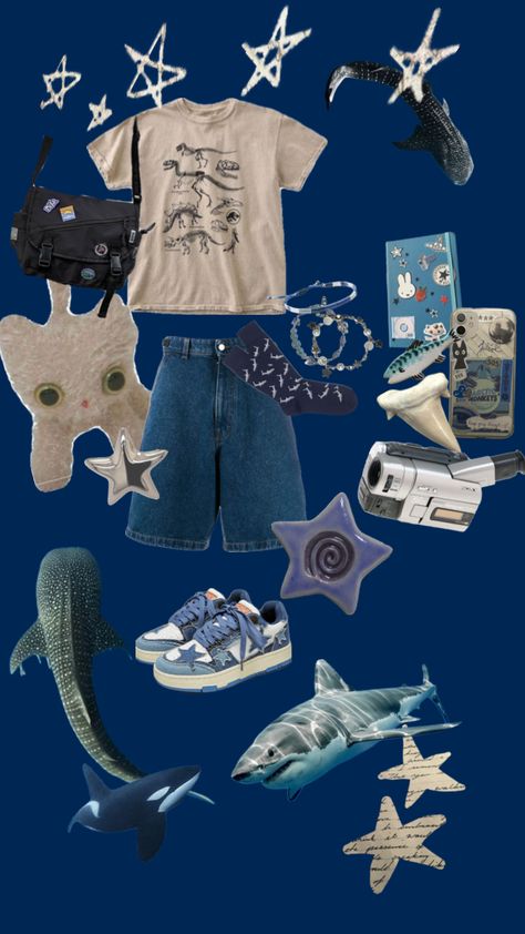 Whale Shark Clothes, Ocean Outfits Men, Whale Shark Outfit, Ocean Boy Aesthetic, Shark Core, Shark Clothing, Shark Clothes, Shark Outfit, Shark Stuff