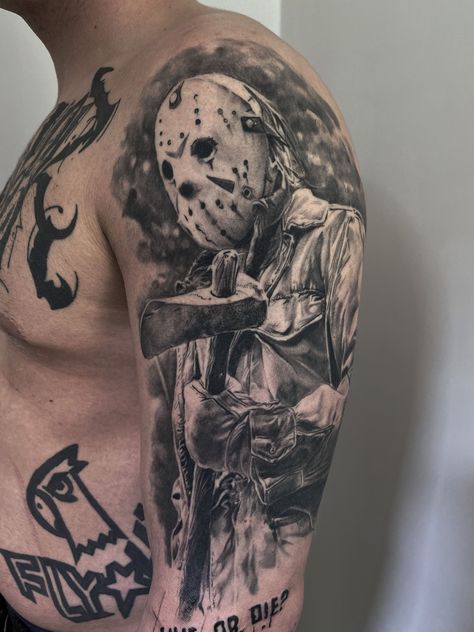 Jason Arm Tattoo, Friday The 13th Tattoo Jason, Jason Tattoo Friday The 13th, Jason Voorhees Tattoo Designs, Slasher Tattoo, Horror Sleeve Tattoo, Jason Vorhees Tattoo, Jason Mask Tattoo, Horror Themed Tattoos