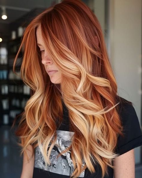 Red Hair Blonde Tips, Dark Red Hair With Blonde Highlights, Ginger And Blonde Hair, Cherry Blonde Hair, Cherry Blonde, Brown Strands, Caramel Highlights On Brown Hair, Fall Red Hair, Fall Haircut