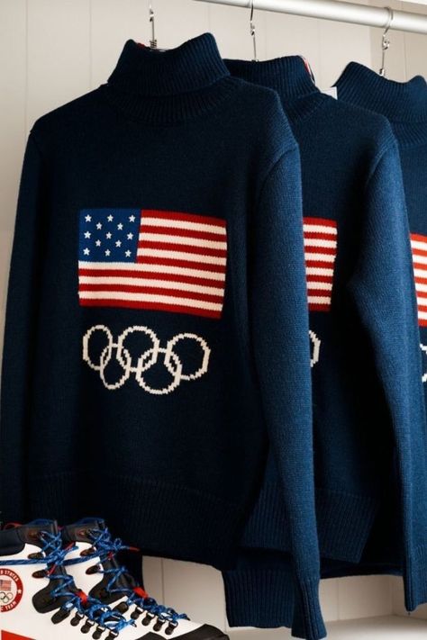 Ralph Lauren Flag Sweater, Ralph Lauren Olympics, Paris Olympics 2024, Apres Ski Outfits, Fashion Major, Flag Sweater, Olympics 2024, Nascar Jacket, Olympic Rings