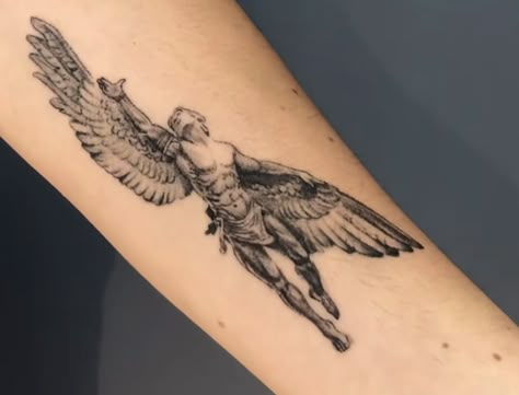 Abstract Tattoo Designs For Men, Michael Angel Tattoo, Greek Tattoo Ideas For Men, Greek Angel Tattoo, Greek Mythology Tattoo Design, Angel Michael Tattoo, St Michael The Archangel Tattoo, Duality Tattoo, Peter Tattoo