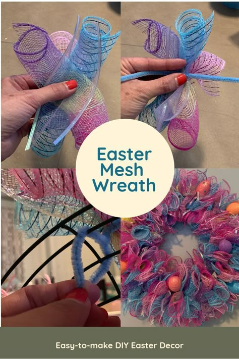 Easter Wreath Diy Dollar Stores, Easter Wreath Cross, Easter Wreath Craft, Easter Wreaths For Front Door, Burlap Easter Wreath, Easter Deco Mesh Wreath, Diy Osterschmuck, Easter Mesh Wreaths, Mesh Wreaths Diy