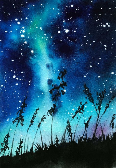 Watercolor Night Painting, Nighttime Watercolor, Starry Watercolor, Northern Lights Painting Watercolors, Watercolor Northern Lights, Watercolor Starry Night, Galaxy Art Painting, Night Sky Watercolor, Northern Lights Watercolor