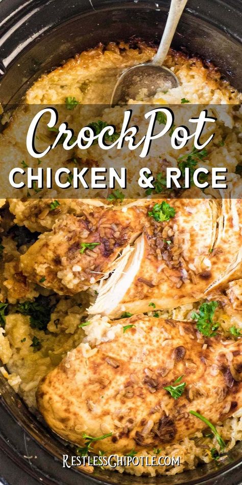 Creamy crock pot chicken and rice is one of those family-friendly meals makes busy weeknight dinners easy and delicious! No one turns down comfort food after a long day! Meals With Chicken Crockpot, Slow Cooker Recipes Chicken And Rice, Chicken And Rice Crock Pot Meals, Gf Crock Pot Meals, Chicken And Rice In Slow Cooker, Crockpot Chicken Recipes With Rice, Crockpot Meals Chicken And Rice, Kid Friendly Chicken Crock Pot Recipes, Crock Pot Healthy Chicken Recipes