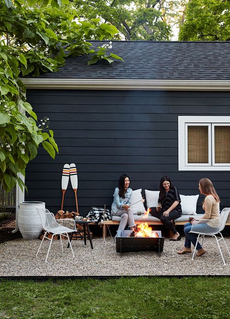 Outdoor Zones, Pea Gravel Patio, Gravel Patio, Pea Gravel, Backyard Inspiration, Backyard Makeover, Beautiful Backyards, Backyard Oasis, Blue House