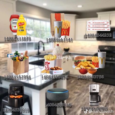 Bloxburg Decals Store, Fast Food Decals Bloxburg, Bloxburg Food Decals Codes Snacks, Mcdonald’s Bloxburg Decal Code, Bloxburg Fast Food Ideas, Kitchen Codes Bloxburg, Bloxburg Food Decals Codes Healthy, Kitchen Codes, Bloxburg Dog Decal Codes