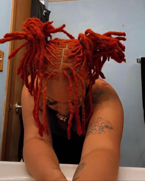 Ginger And Red Locs, Orange Locs Black Women, Brown And Orange Locs, Red And Orange Locs Black Women, Color Locs Black Women, Burnt Orange Dreads Black Women, Red Dyed Locs, Half Dyed Locs, Dyed Locs Black Women