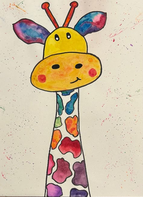 Watercolor painting of a giraffe for kids Happy Paintings Easy, Watercolor Kids Projects, Giraffe Art For Kids, Elementary Watercolor Art Projects, Watercolor Birthday Cards Diy, Watercolor Cat Easy, Watercolour For Kids, Watercolor Projects For Kids, Watercolor For Kids