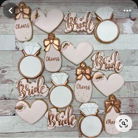 Rose Gold Bachelorette Cookies, Rose Gold Engagement Party Decorations, Bridal Shower Biscuits, Bridal Cookies Ideas, Rose Gold Bridal Shower Cookies, Rose Gold Bridal Shower Cake, Bridal Shower Ideas Rose Gold, Custom Bridal Shower Cookies, Brunch And Bubbly Bridal Shower Cookies